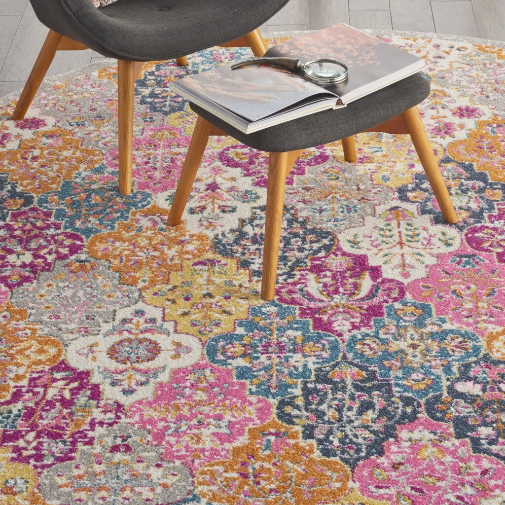 8' Round Muted Brights Floral Diamond Area Rug