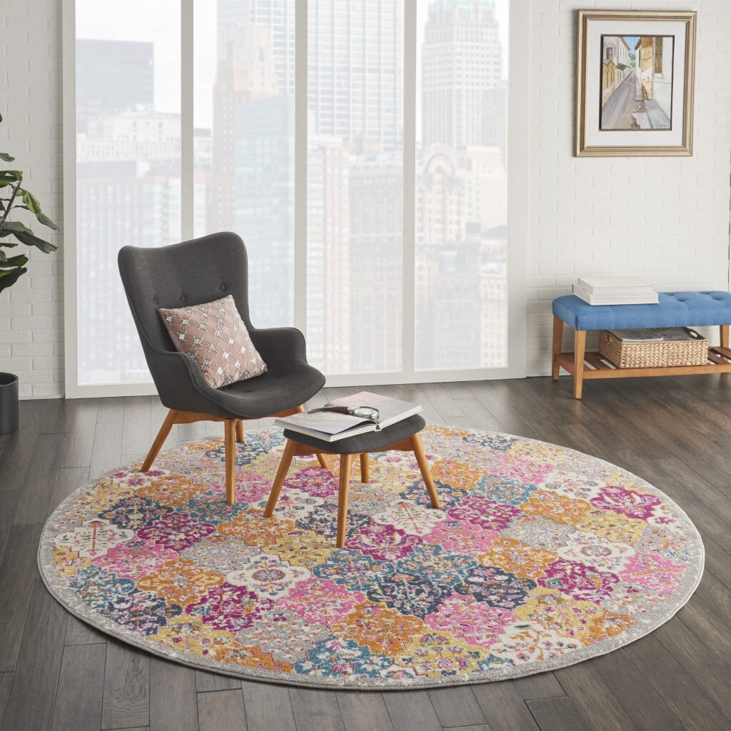 8' Round Muted Brights Floral Diamond Area Rug