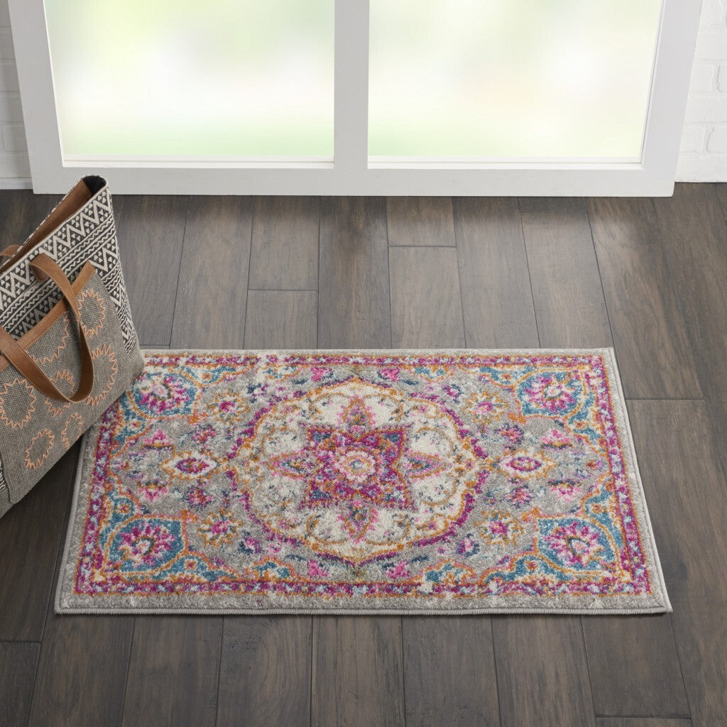 2' X 3' Gray And Pink Medallion Scatter Rug