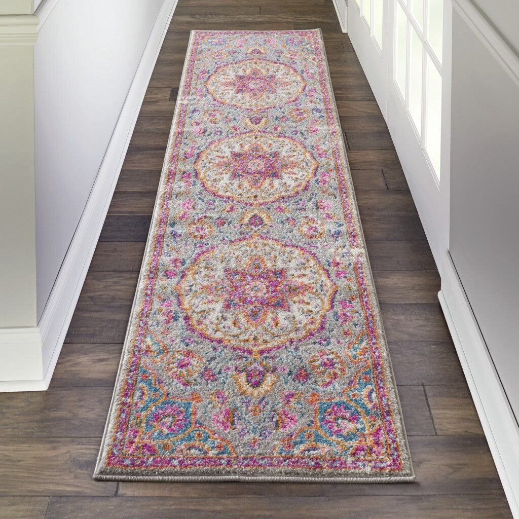 2' X 6' Gray And Pink Medallion Runner Rug