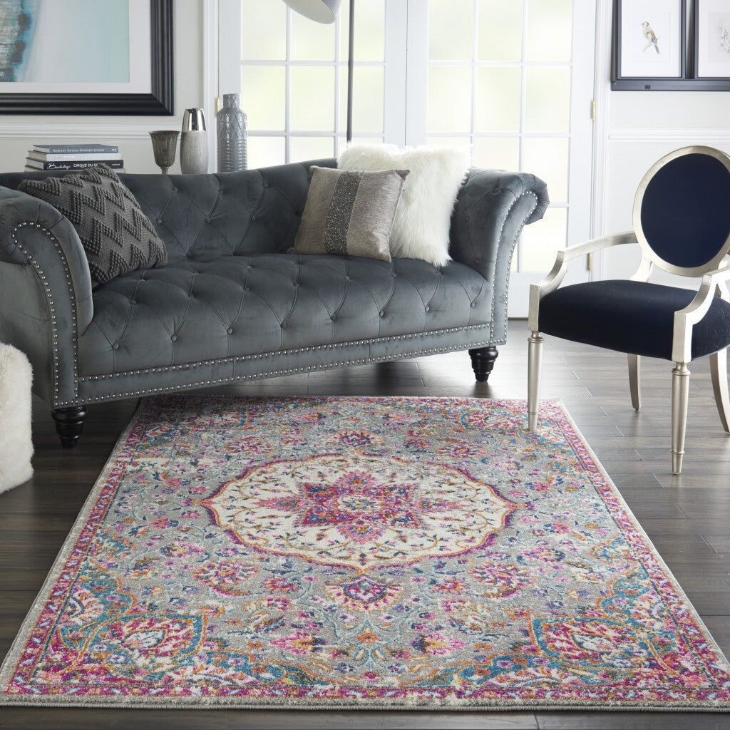 5' X 7' Gray And Pink Medallion Area Rug