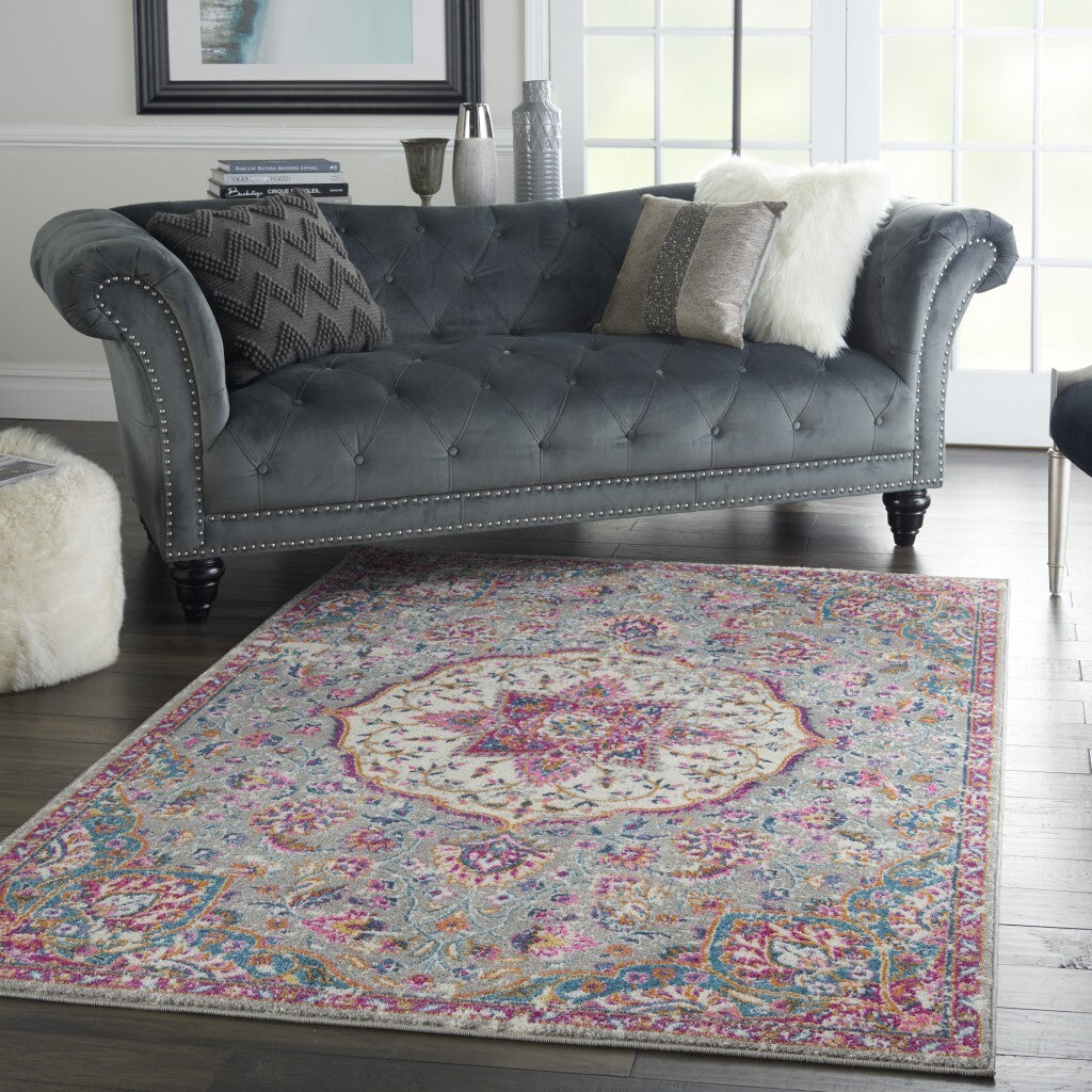 5' X 7' Gray And Pink Medallion Area Rug