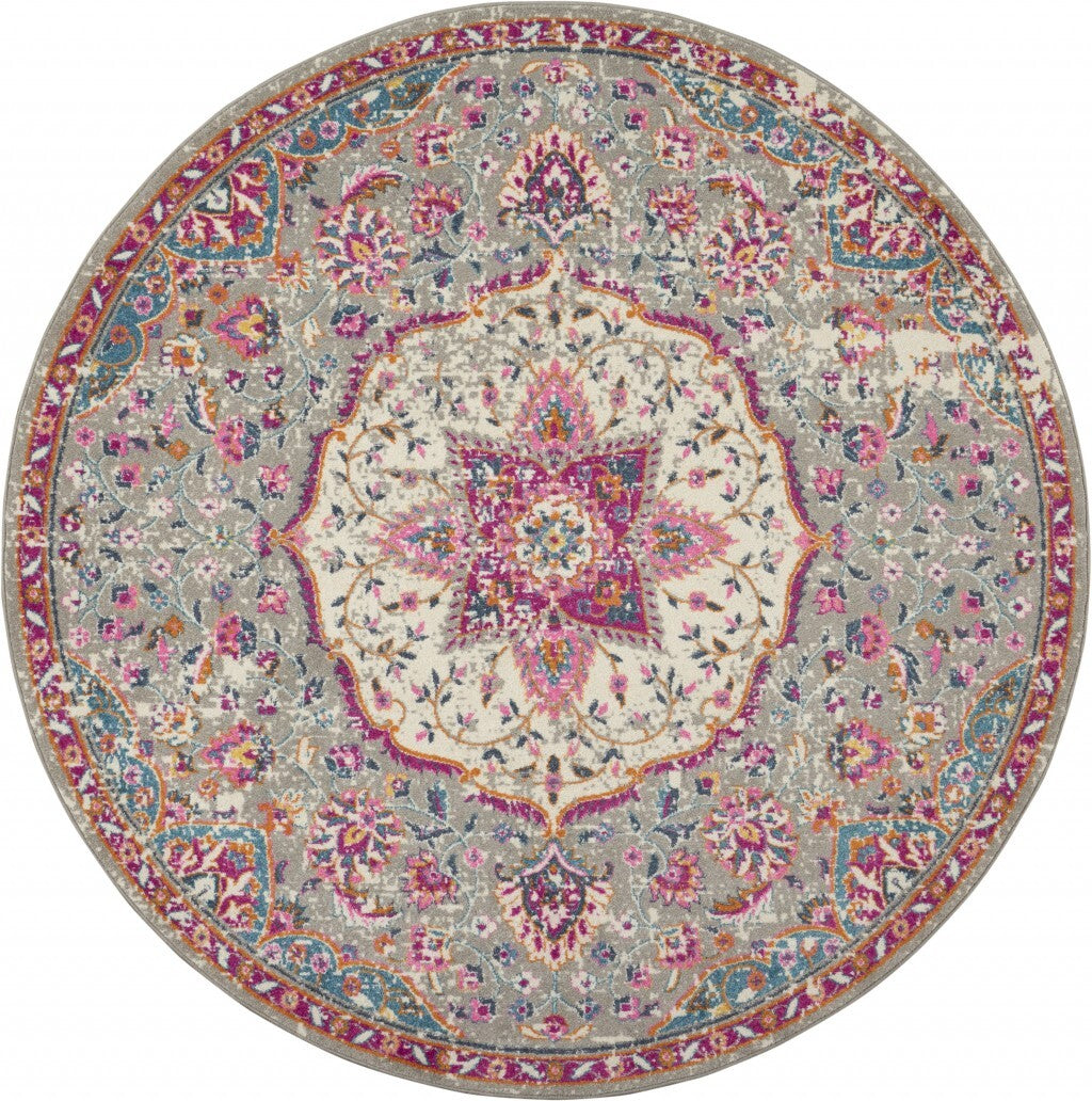 8' Round Gray And Pink Medallion Area Rug