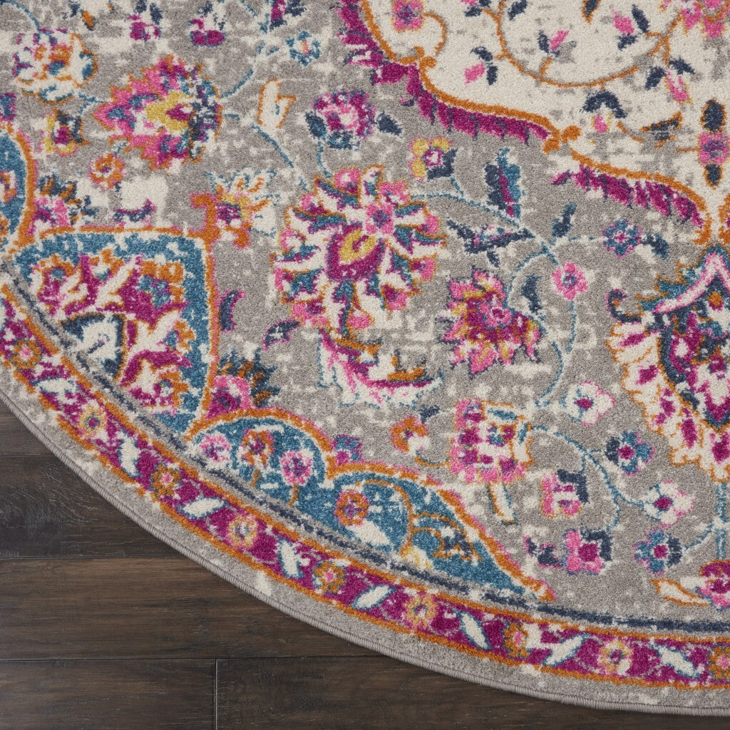 8' Round Gray And Pink Medallion Area Rug