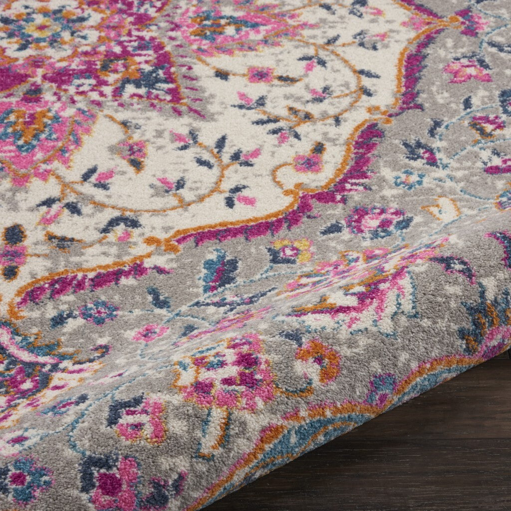 8' Round Gray And Pink Medallion Area Rug