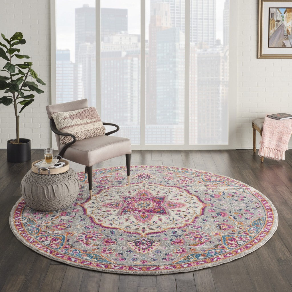 8' Round Gray And Pink Medallion Area Rug