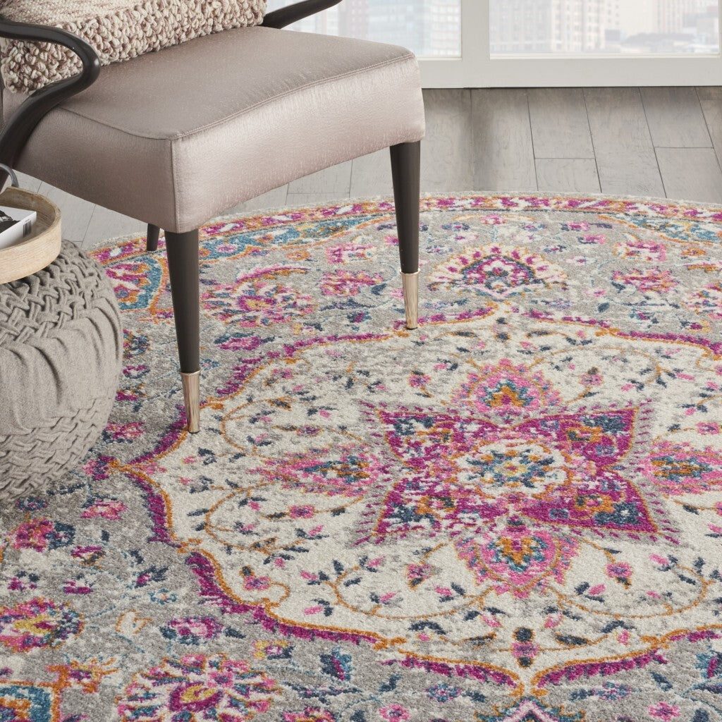 8' Round Gray And Pink Medallion Area Rug