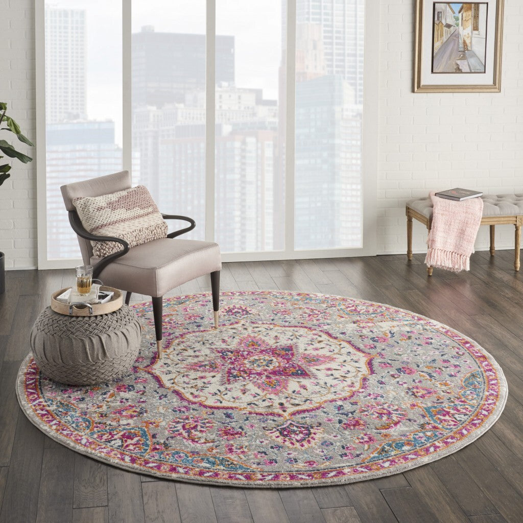 8' Round Gray And Pink Medallion Area Rug