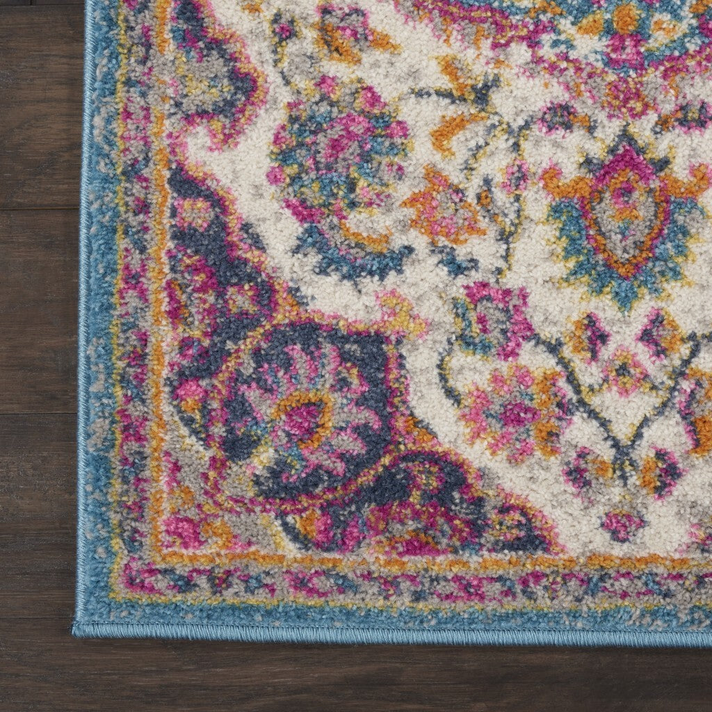 2' X 6' Pink And Blue Floral Medallion Runner Rug