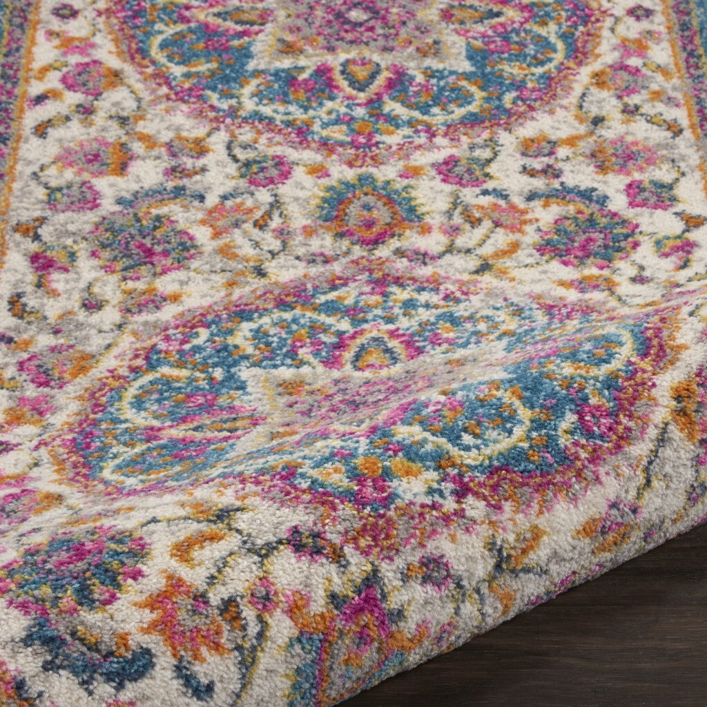 2' X 6' Pink And Blue Floral Medallion Runner Rug