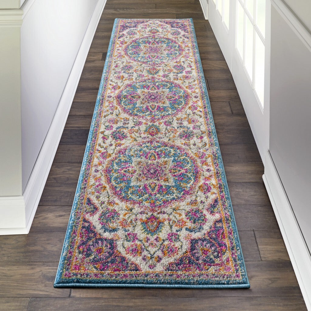 2' X 6' Pink And Blue Floral Medallion Runner Rug