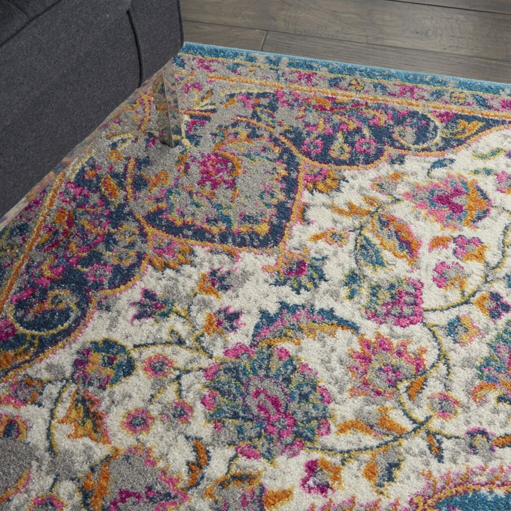 4' X 6' Pink And Blue Floral Medallion Area Rug