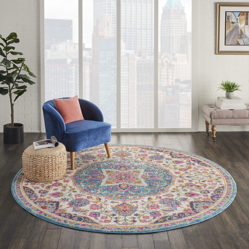 8' Round Pink And Blue Floral Medallion Area Rug