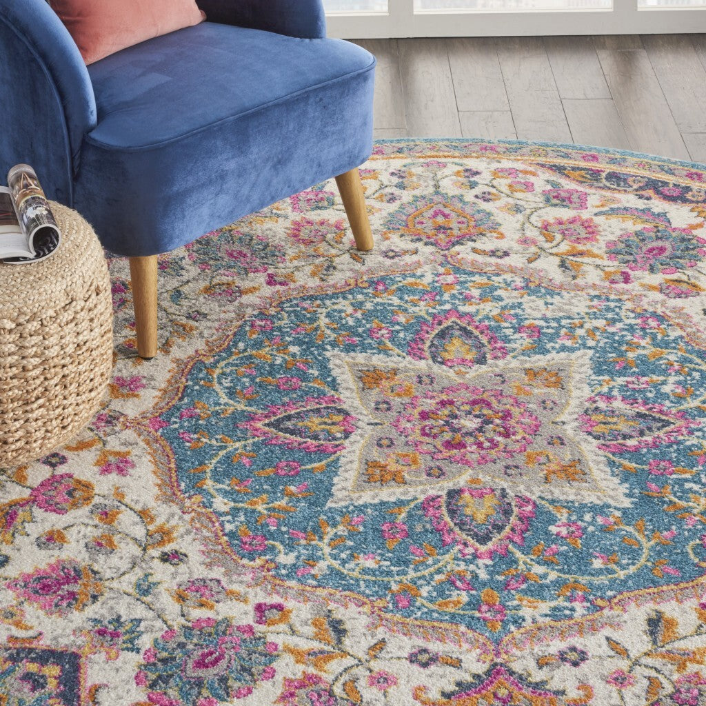 8' Round Pink And Blue Floral Medallion Area Rug