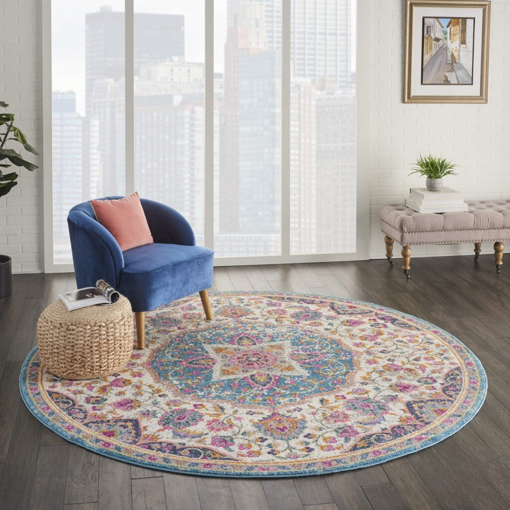 8' Round Pink And Blue Floral Medallion Area Rug