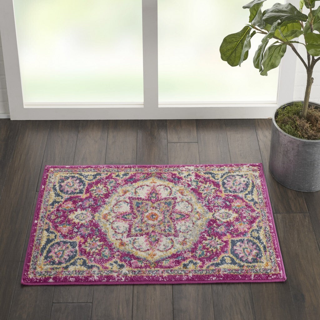2' X 3' Pink And Ivory Medallion Scatter Rug
