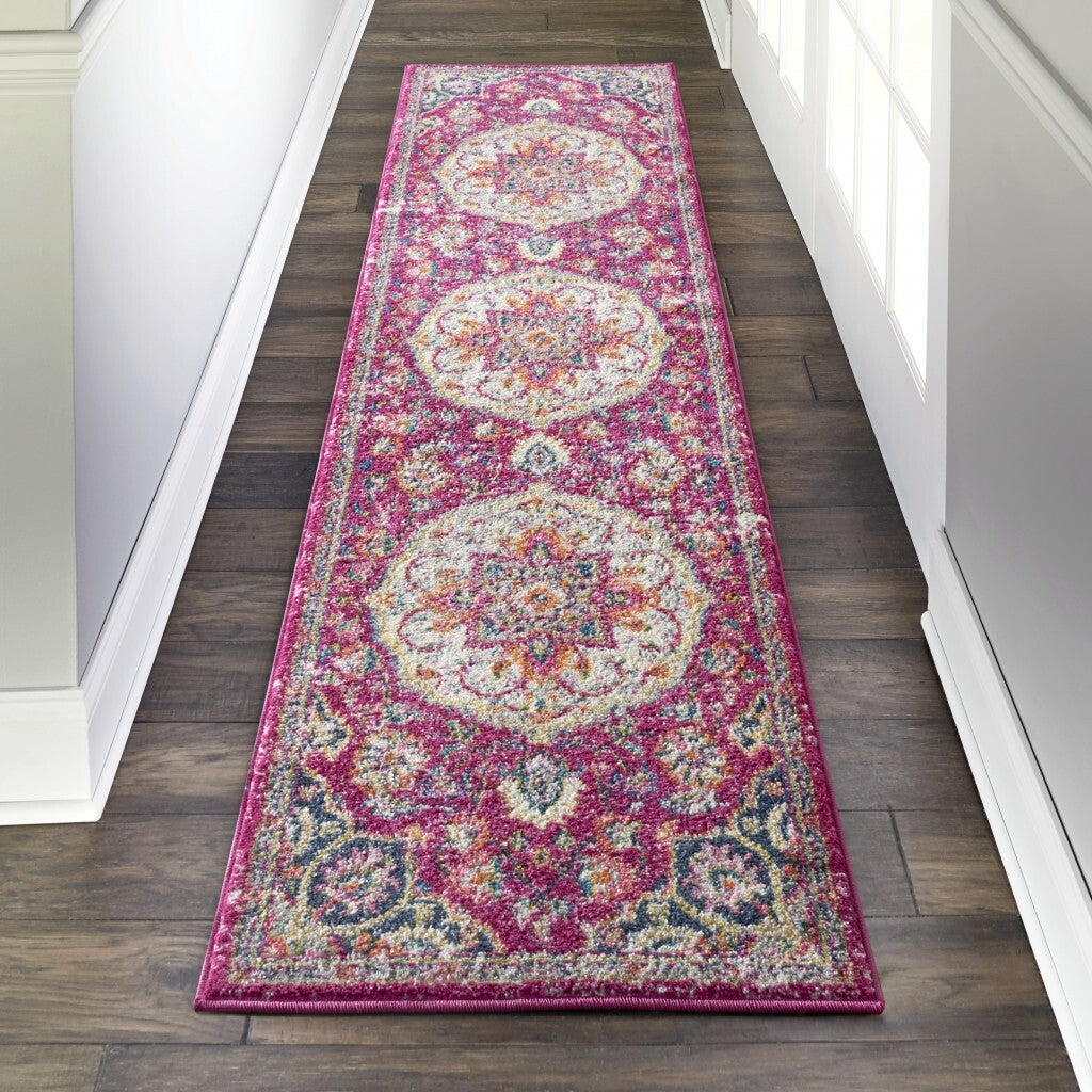 2' X 6' Pink And Ivory Medallion Runner Rug