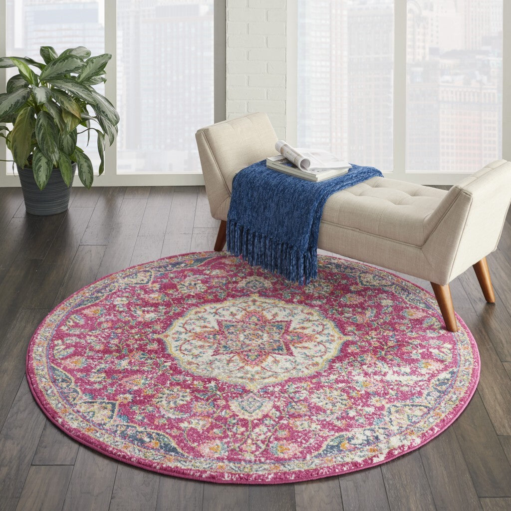 5' Round Pink And Ivory Medallion Area Rug