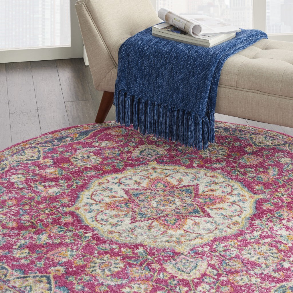 5' Round Pink And Ivory Medallion Area Rug
