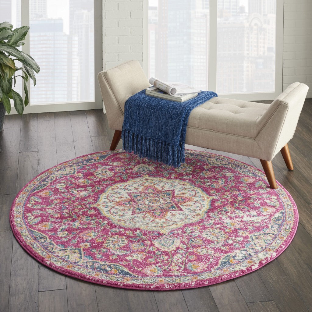 5' Round Pink And Ivory Medallion Area Rug