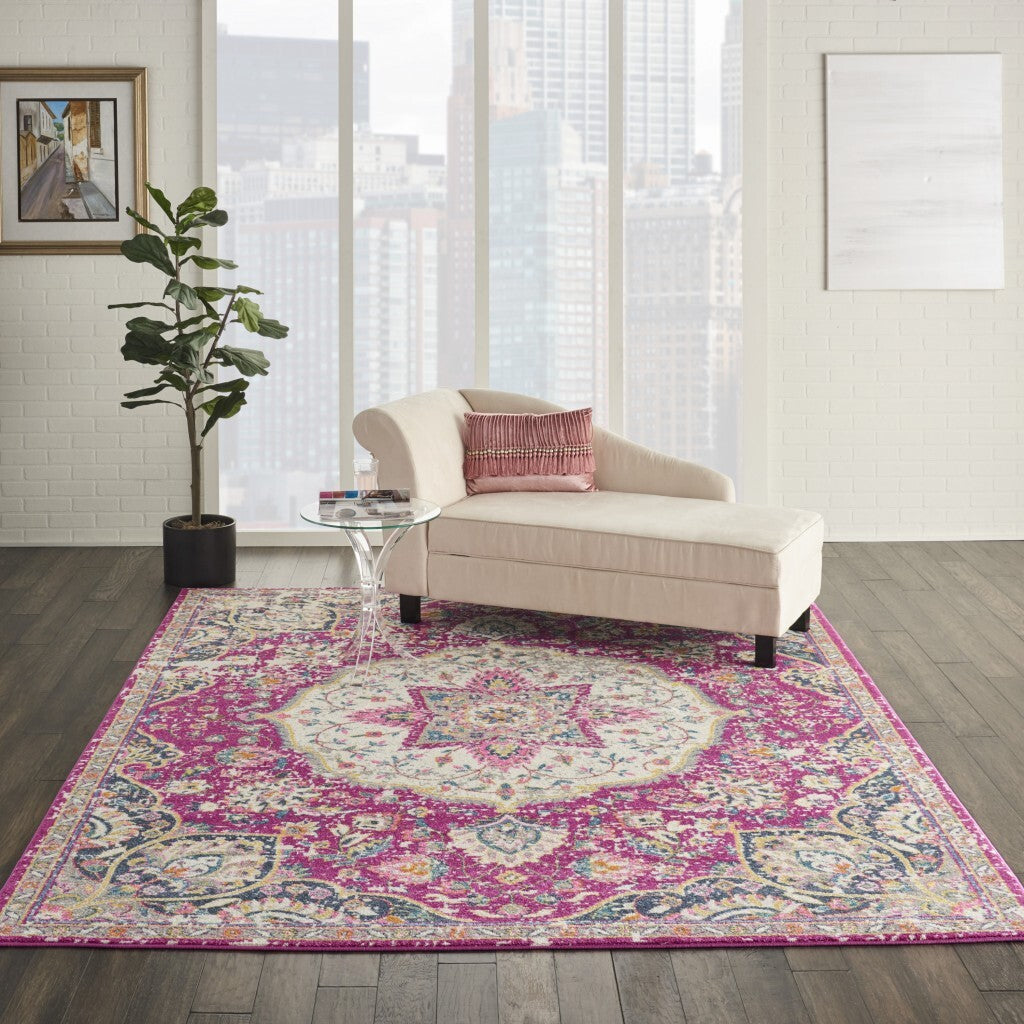 7' X 10' Pink And Ivory Medallion Area Rug