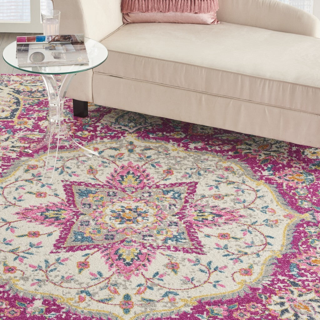 7' X 10' Pink And Ivory Medallion Area Rug