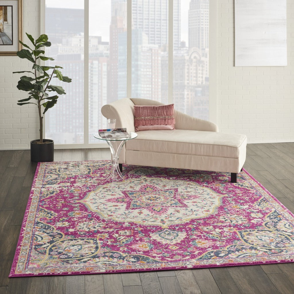 7' X 10' Pink And Ivory Medallion Area Rug