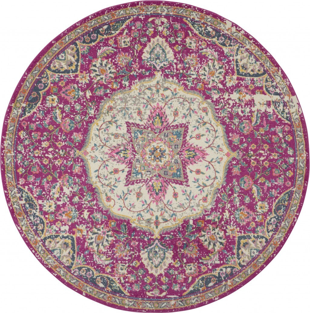 8' Round Pink And Ivory Medallion Area Rug