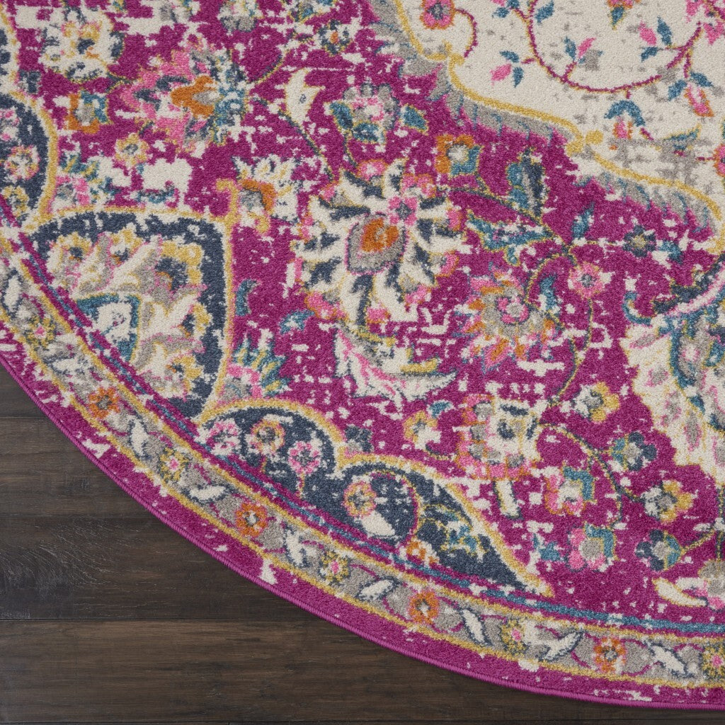 8' Round Pink And Ivory Medallion Area Rug
