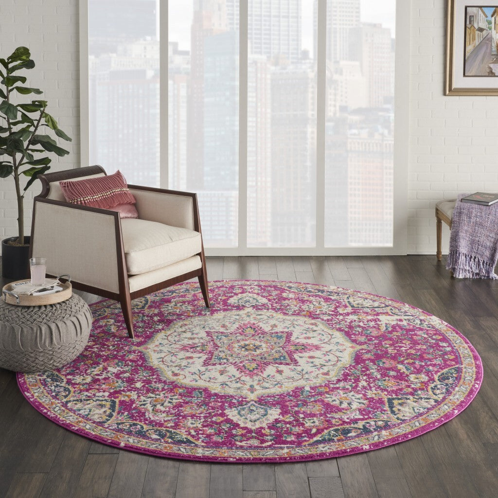 8' Round Pink And Ivory Medallion Area Rug