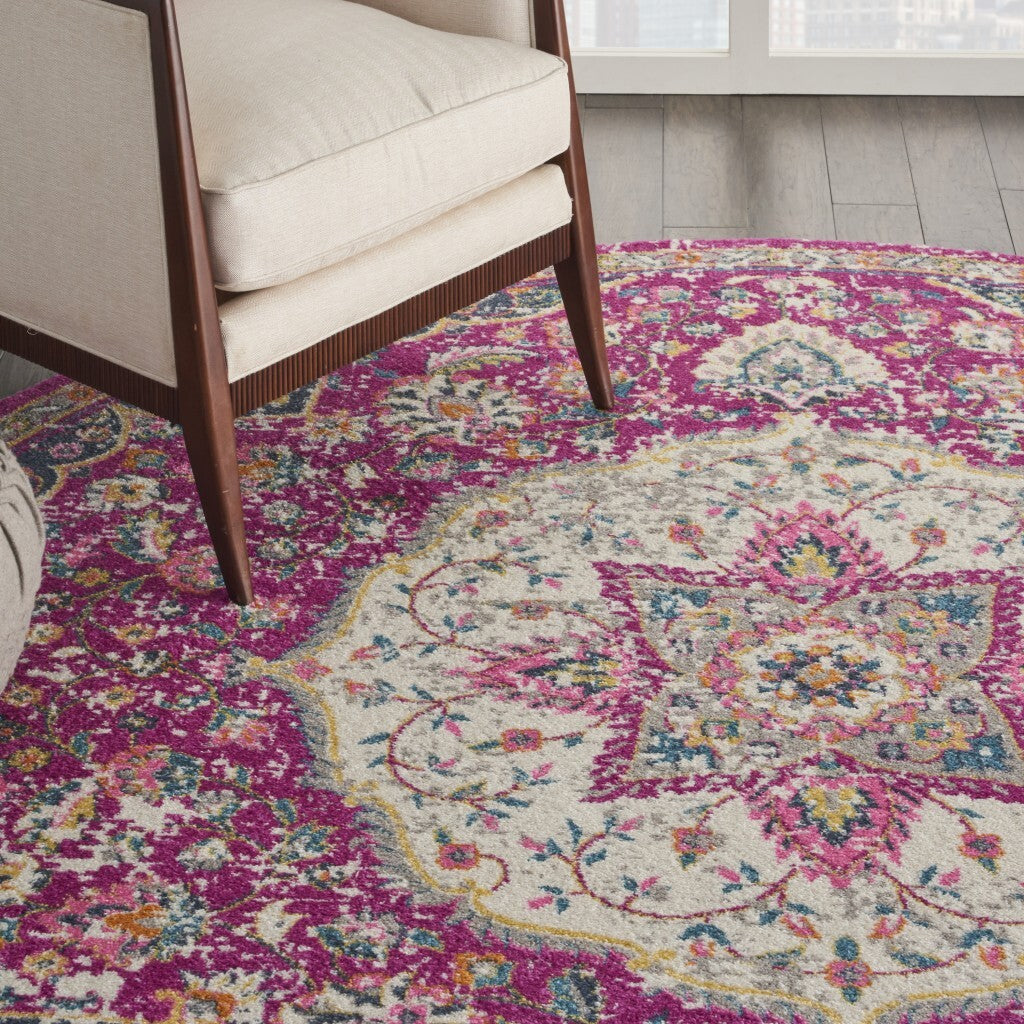 8' Round Pink And Ivory Medallion Area Rug