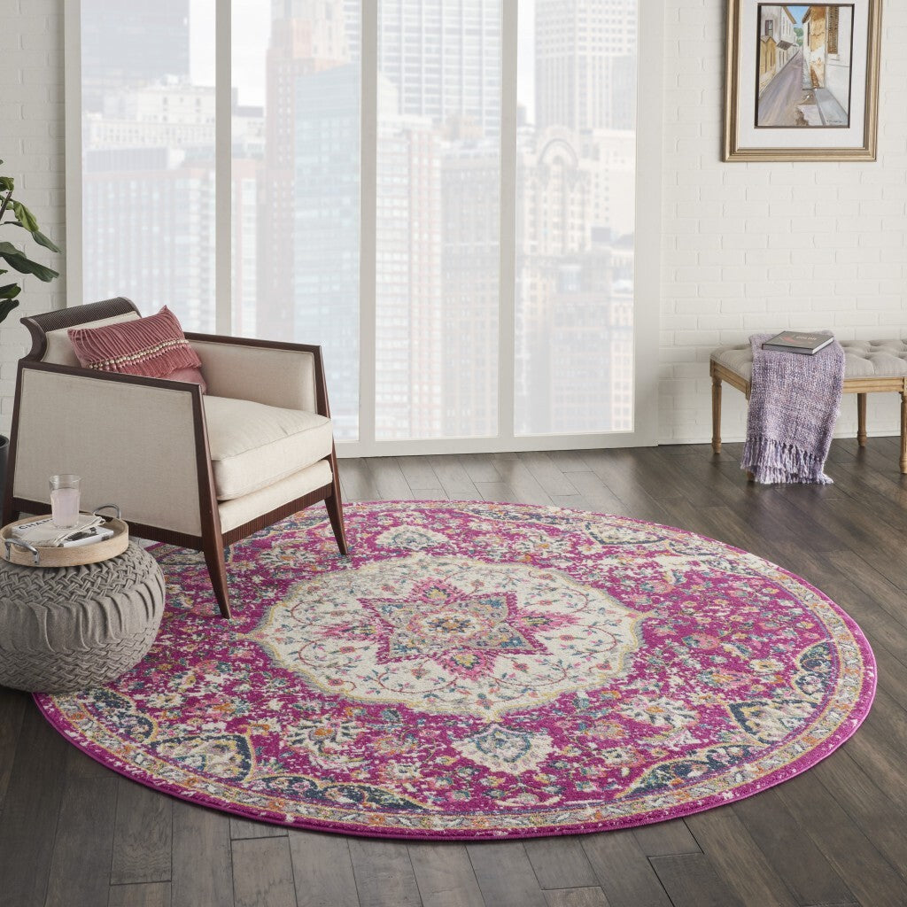 8' Round Pink And Ivory Medallion Area Rug