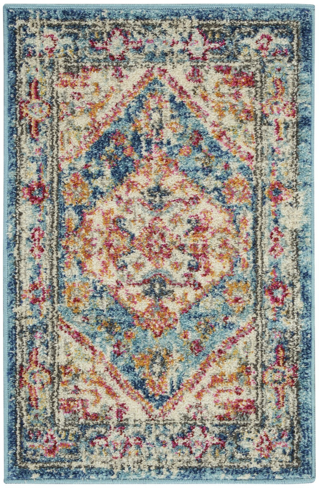 2' X 3' Ivory And Light Blue Distressed Scatter Rug