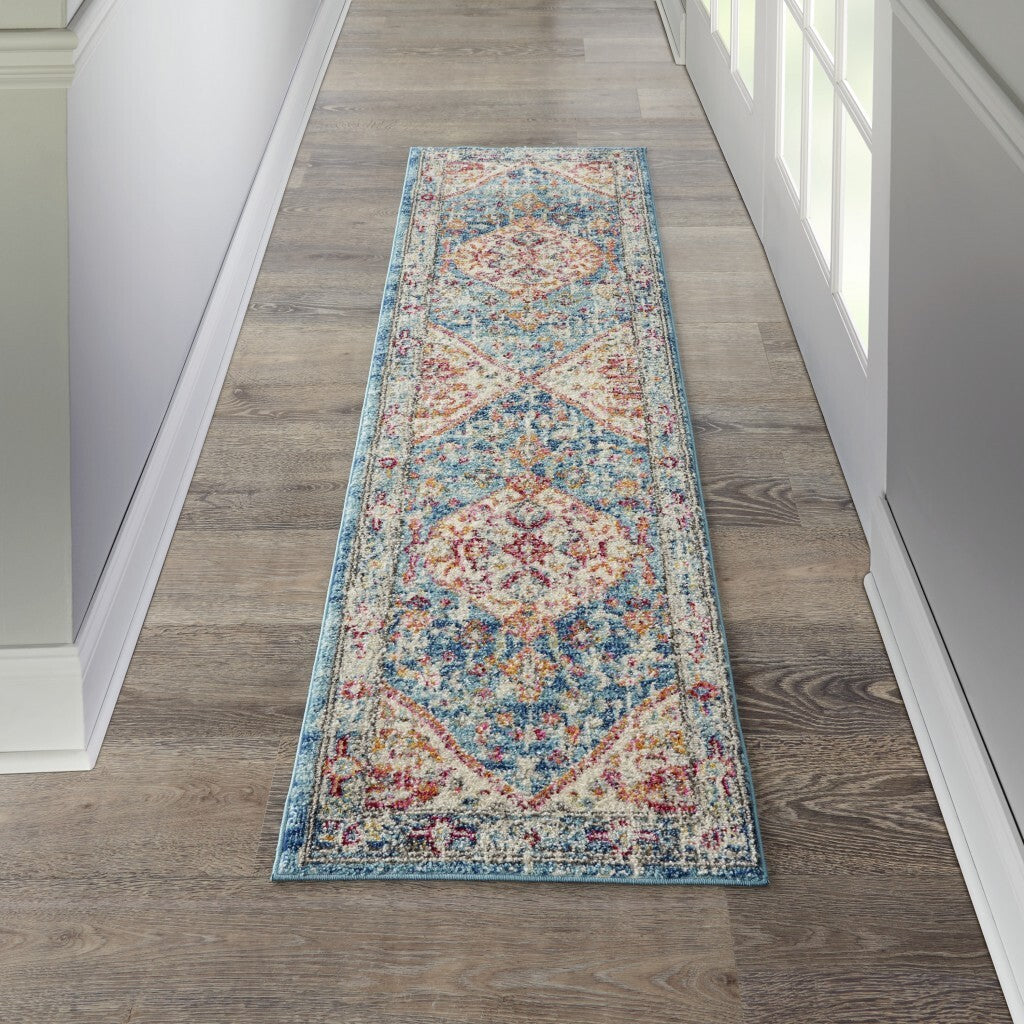 2' X 8' Ivory And Light Blue Distressed Runner Rug