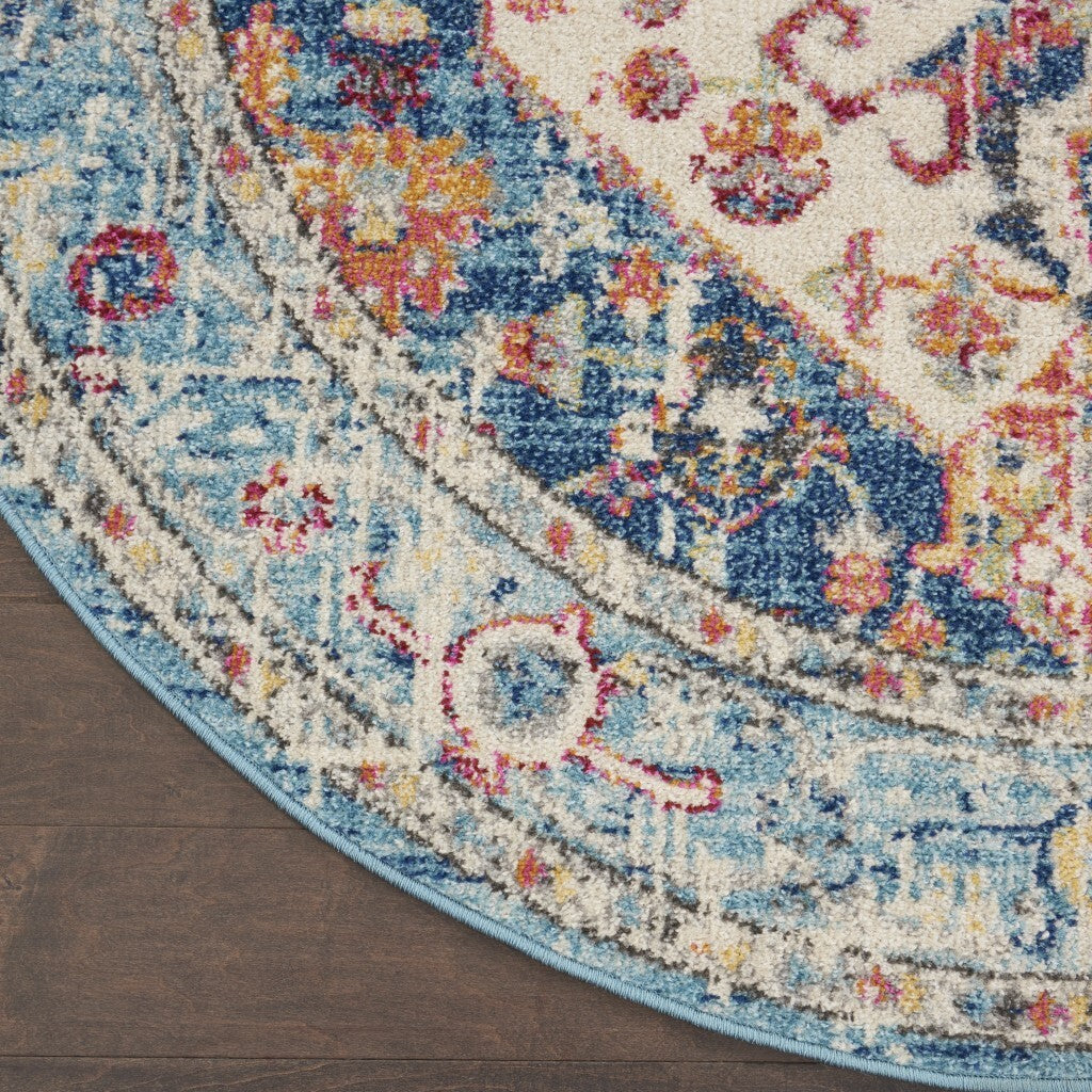4' Round Ivory And Light Blue Distressed Area Rug