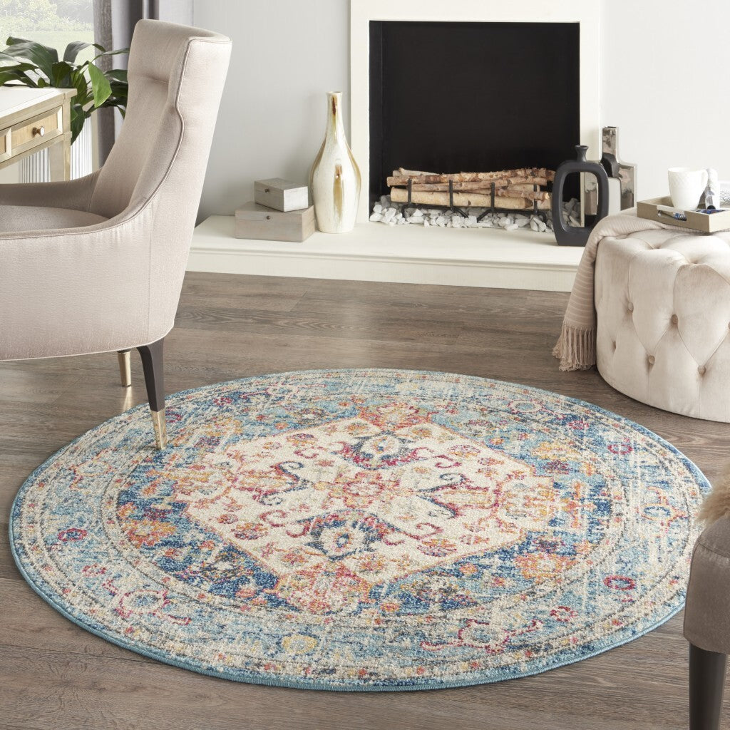 4' Round Ivory And Light Blue Distressed Area Rug