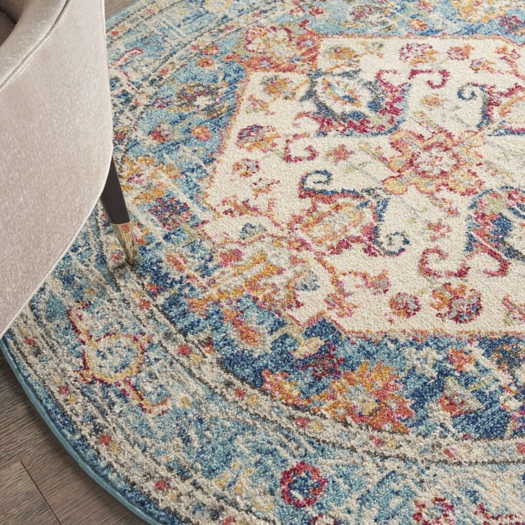 4' Round Ivory And Light Blue Distressed Area Rug