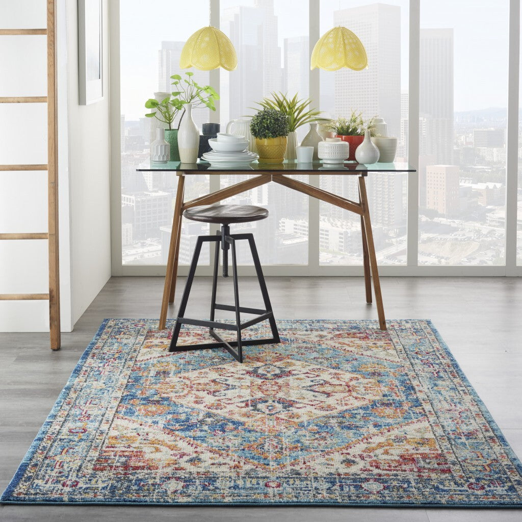 5' X 7' Ivory And Light Blue Distressed Area Rug