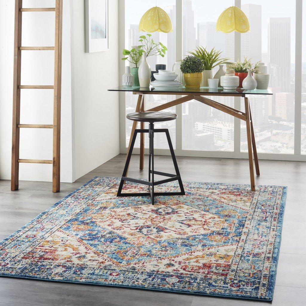 5' X 7' Ivory And Light Blue Distressed Area Rug