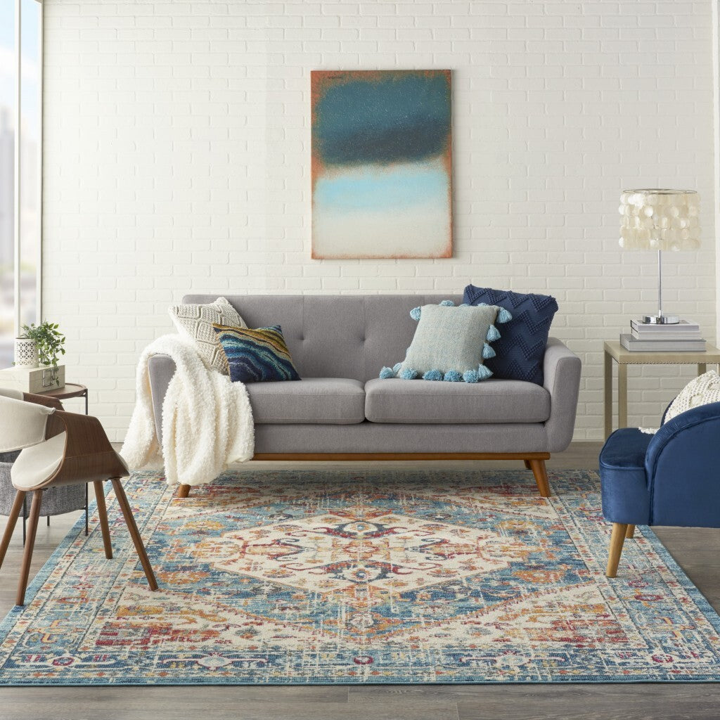 8' X 10' Ivory And Light Blue Distressed Area Rug