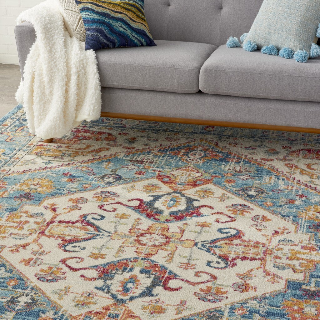 8' X 10' Ivory And Light Blue Distressed Area Rug