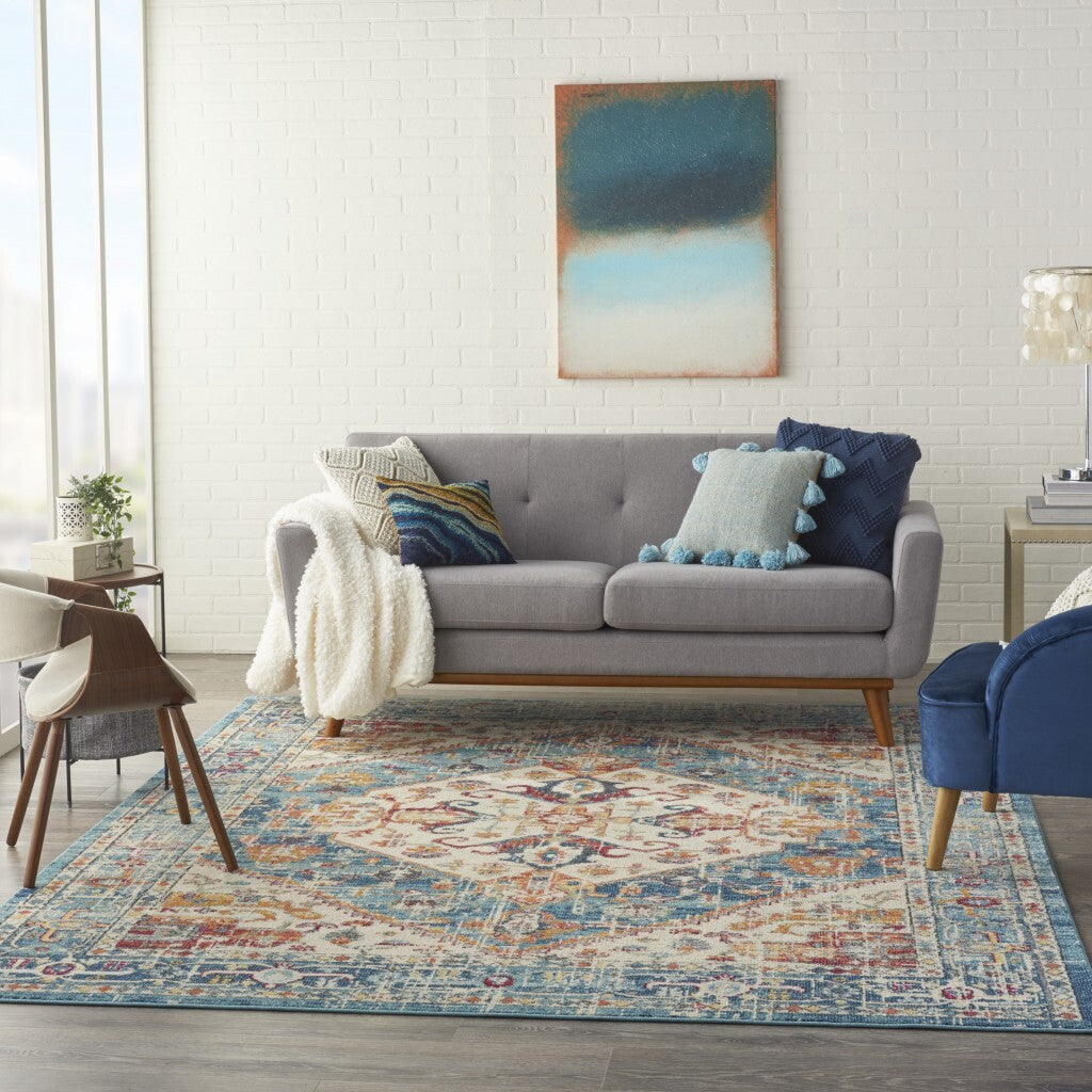 8' X 10' Ivory And Light Blue Distressed Area Rug
