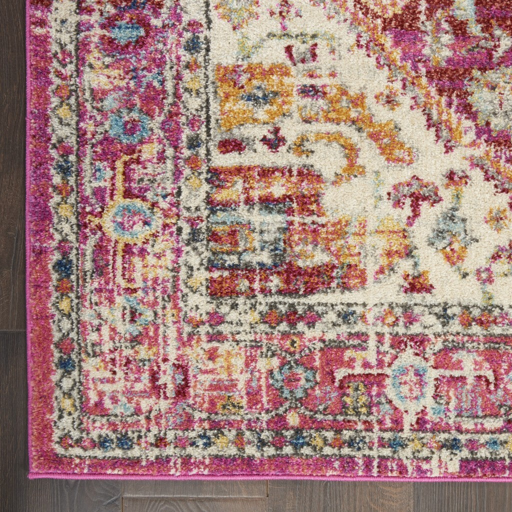 2' X 8' Ivory And Pink Oriental Runner Rug