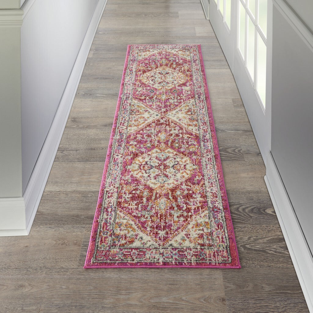 2' X 8' Ivory And Pink Oriental Runner Rug