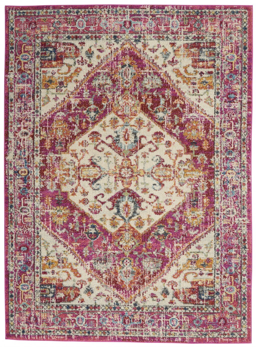 5' X 7' Ivory And Pink Oriental Area Rug