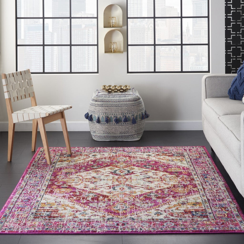 5' X 7' Ivory And Pink Oriental Area Rug