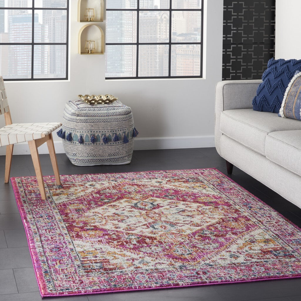5' X 7' Ivory And Pink Oriental Area Rug