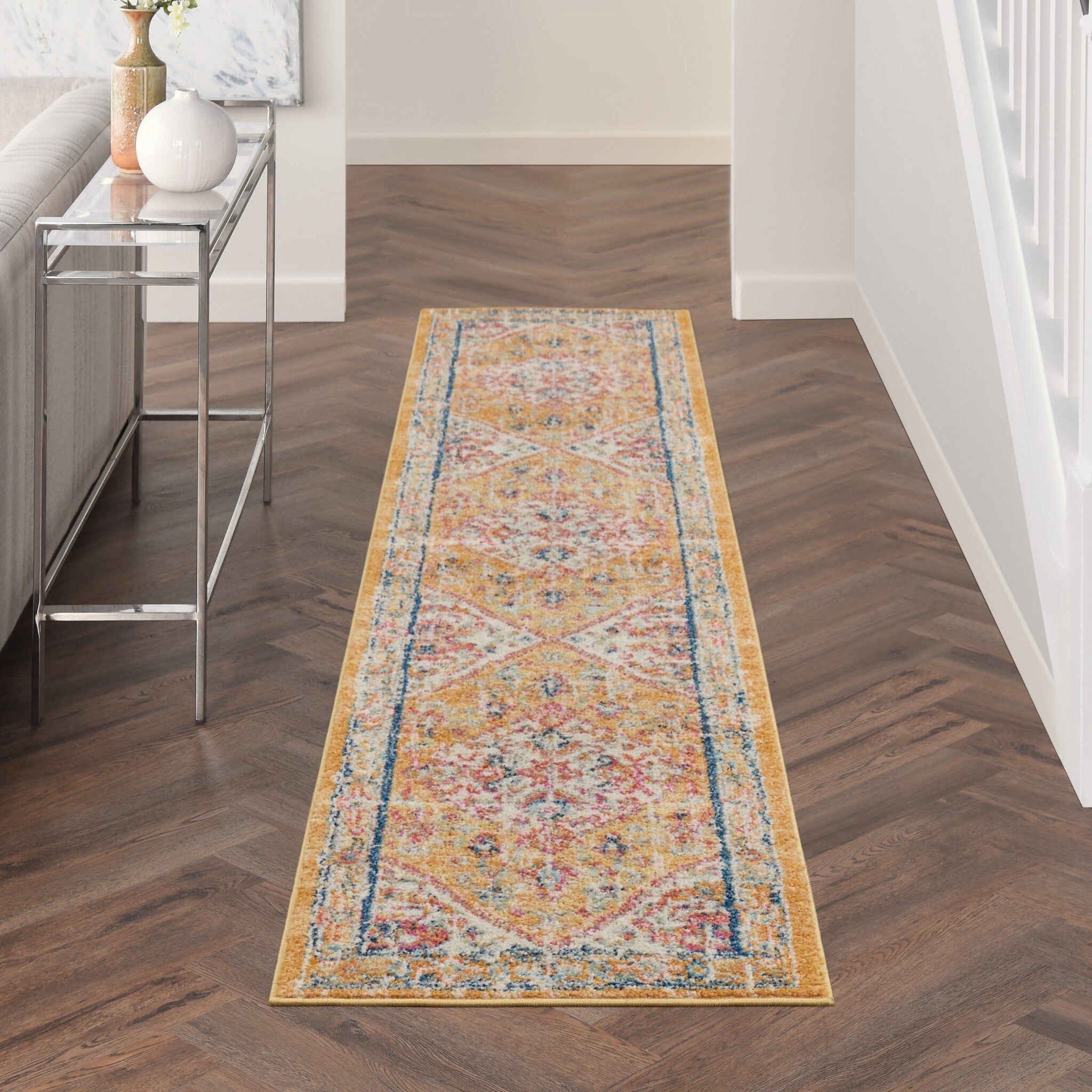2' X 10' Ivory And Yellow Center Medallion Runner Rug