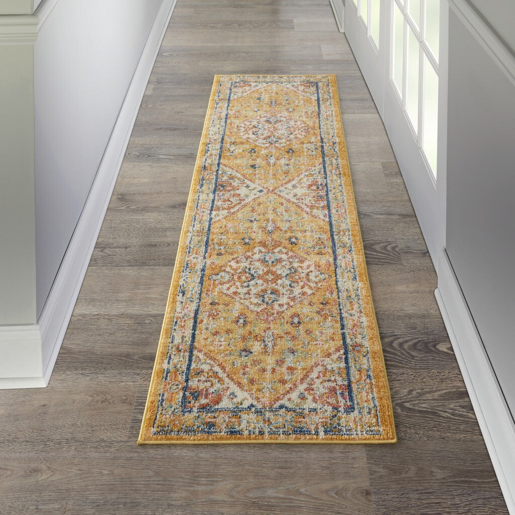 2' X 8' Ivory And Yellow Center Medallion Runner Rug