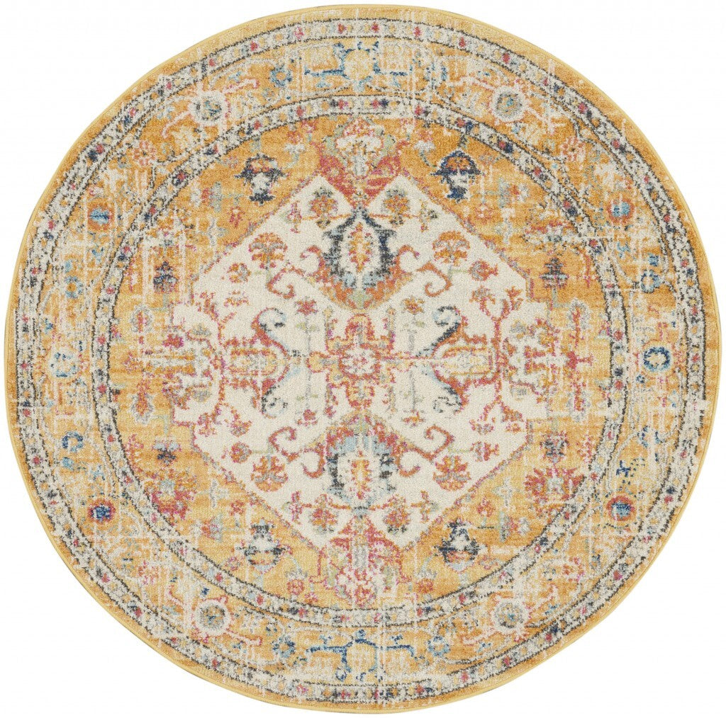 4' Round Ivory And Yellow Center Medallion Area Rug